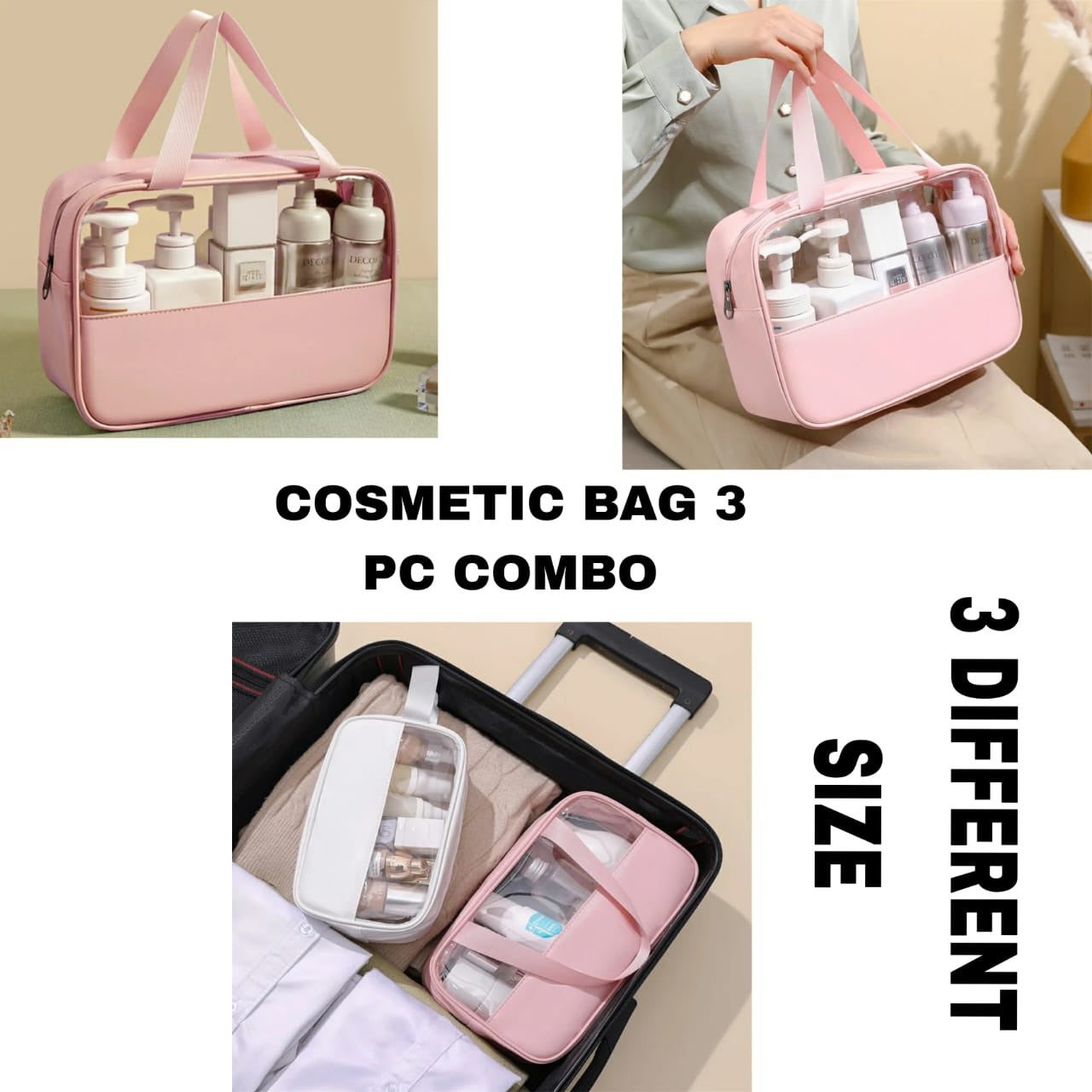 Portable transparent cosmetic storage/travel pvc large capacity organiser 3 piece bag