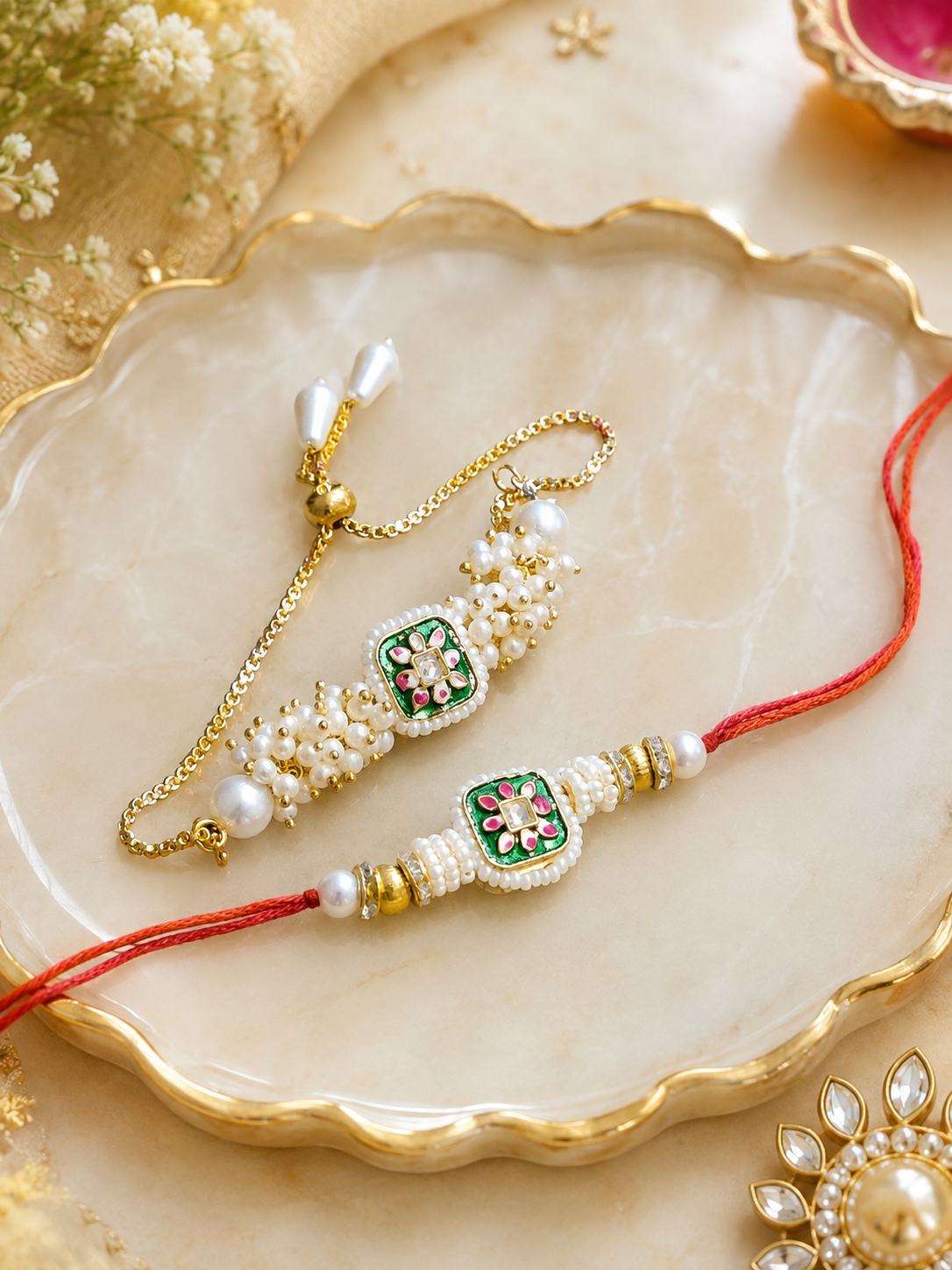 Luxury Emerald Kundan Bhaiya Bhabhi Rakhi Combo Bracelet for Raksha Bandhan Gift