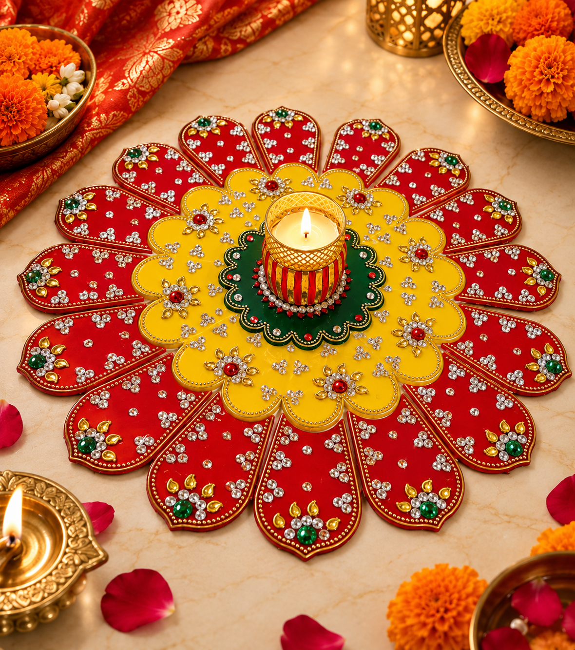 Diamond Stone Flower Acrylic Rangoli Sticker with Tealight Holder – 13 Inch
