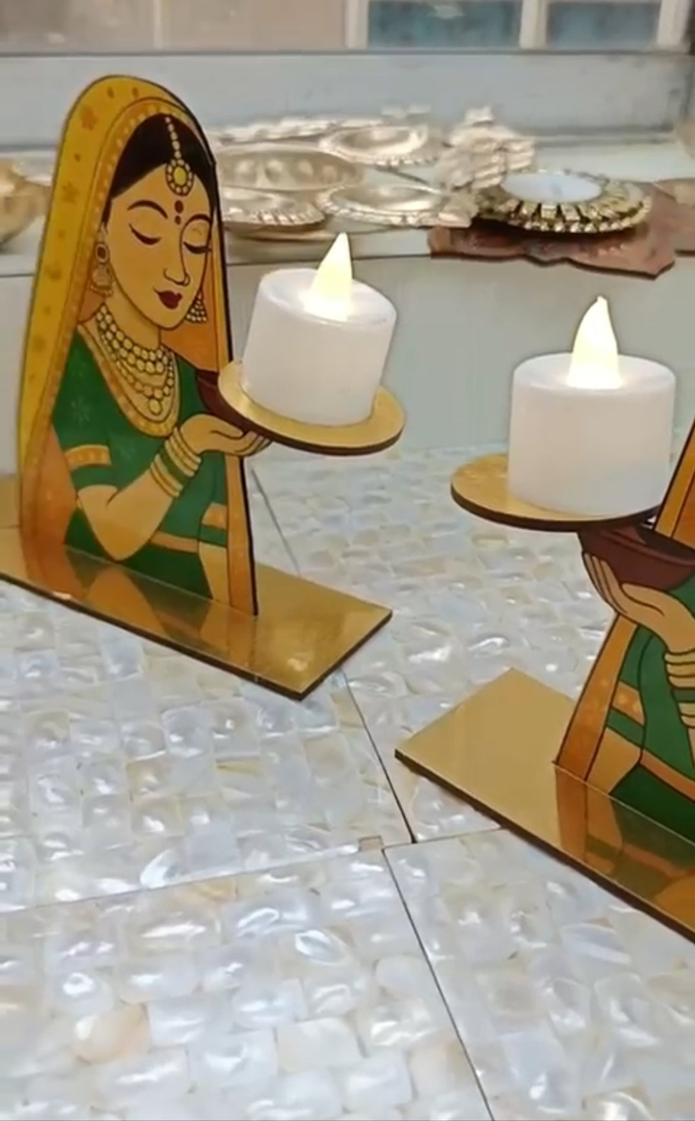 Beautiful handcrafted MDF pair of lady candle stands perfect choice for Diwali decor pack of 5 pair (No candle included)
