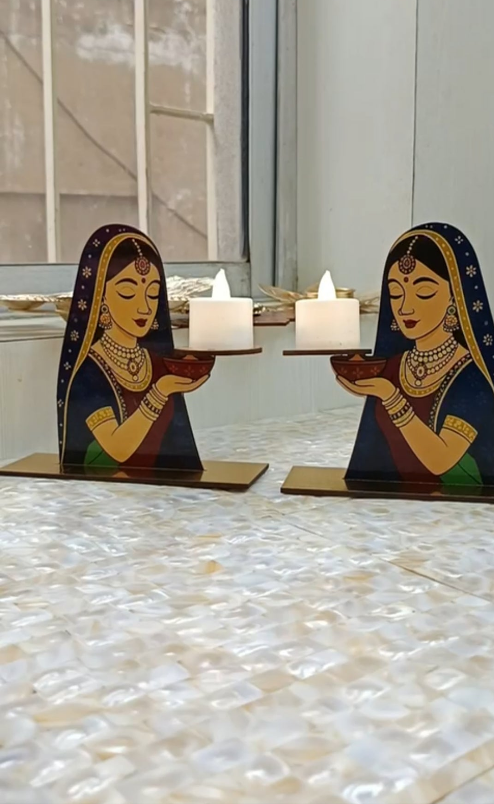 Beautiful handcrafted MDF pair of lady candle stands perfect choice for Diwali decor pack of 5 pair (No candle included)