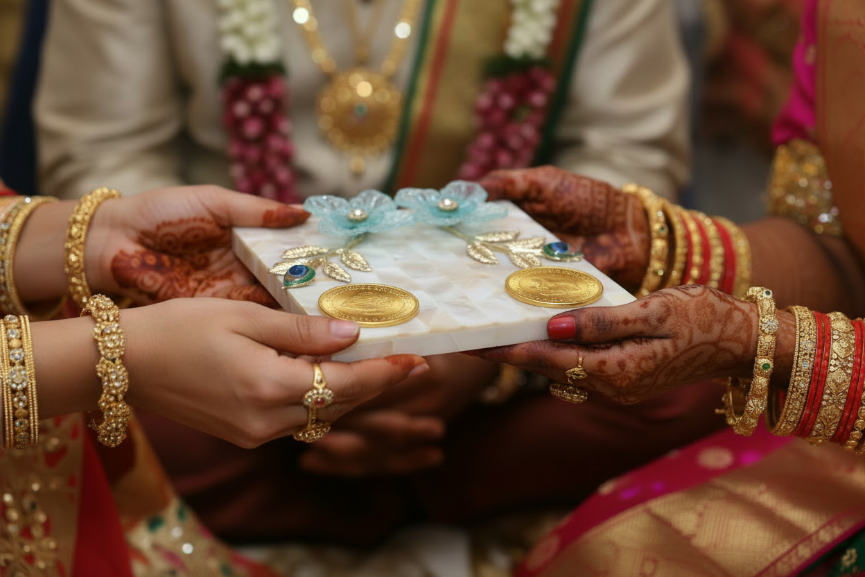 Handcrafted Mother of Pearl Coin Platter (4 inch) – Elegant Money Platter for Wedding, Shagun & Festive Gifting