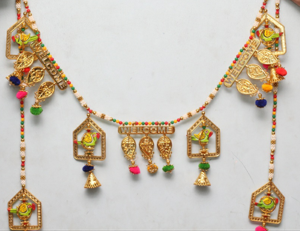 Ganpati/ parrot/mango leaf welcome design Handcrafted Bandarwal/Toran with side hanging 37* inch💫