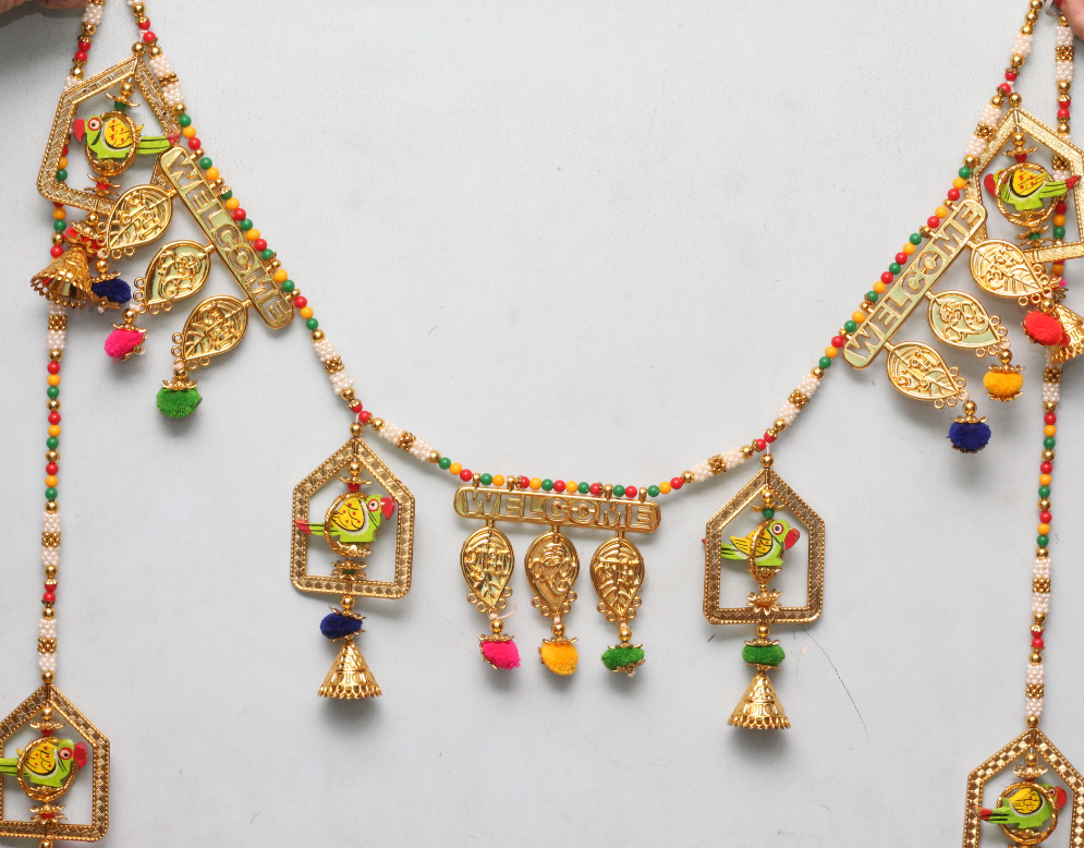 Ganpati/ parrot/mango leaf welcome design Handcrafted Bandarwal/Toran with side hanging 37* inch💫