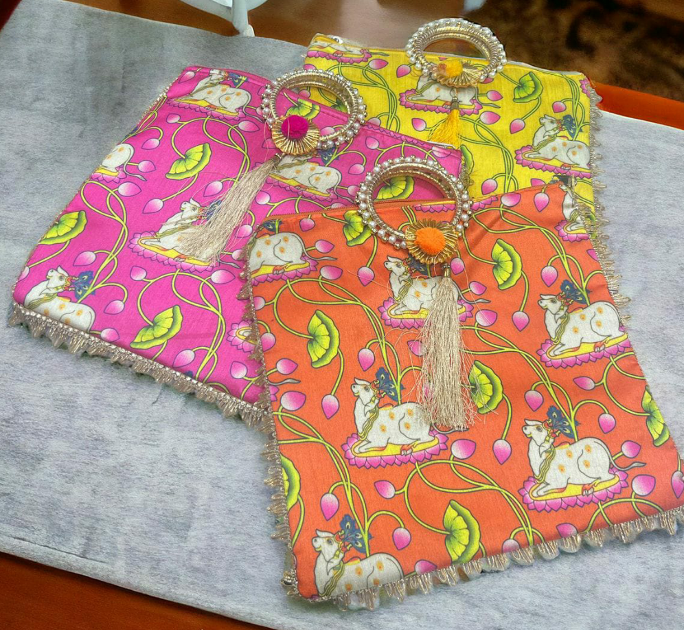 Kamdhenu cow printed Pooja/ Wedding return Gift bags (Pack of 1 ) random color