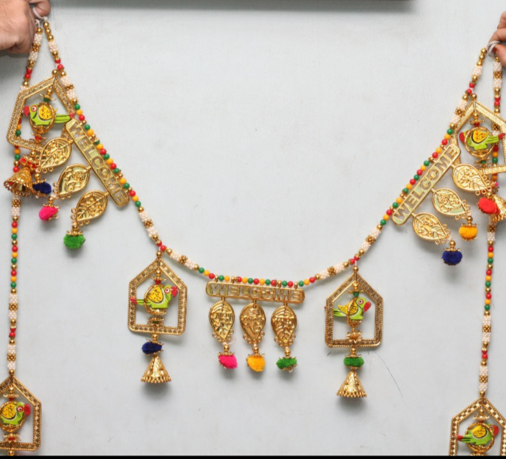 Ganpati/ parrot/mango leaf welcome design Handcrafted Bandarwal/Toran with side hanging 37* inch💫
