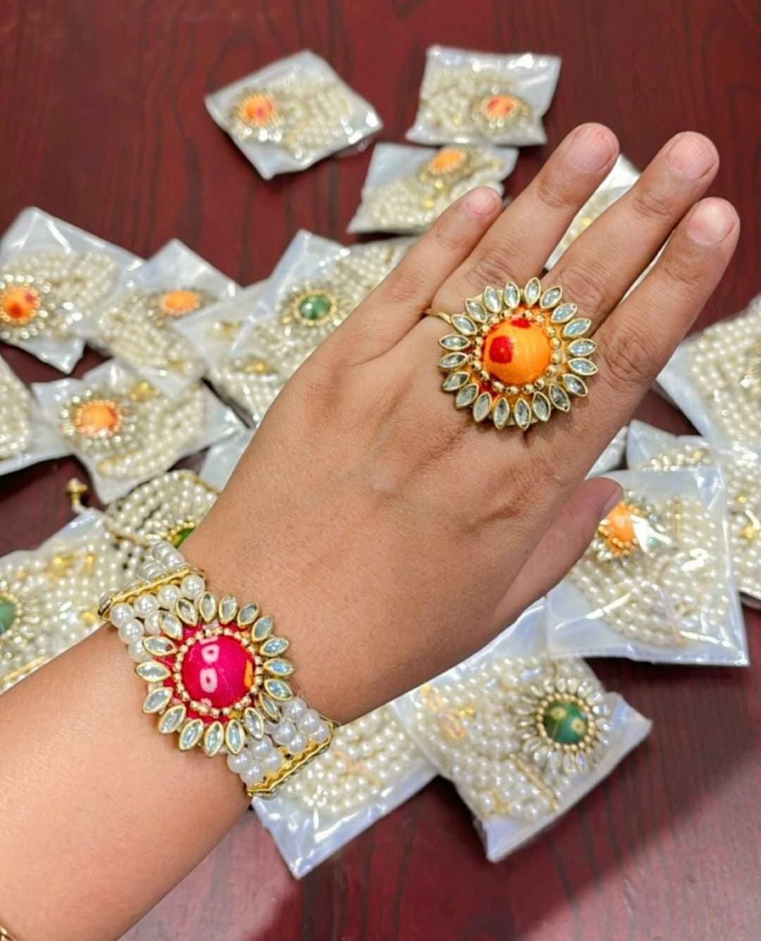 Bandhani design moti stone bracelet & ring combo perfect gifting for wedding pack of 20