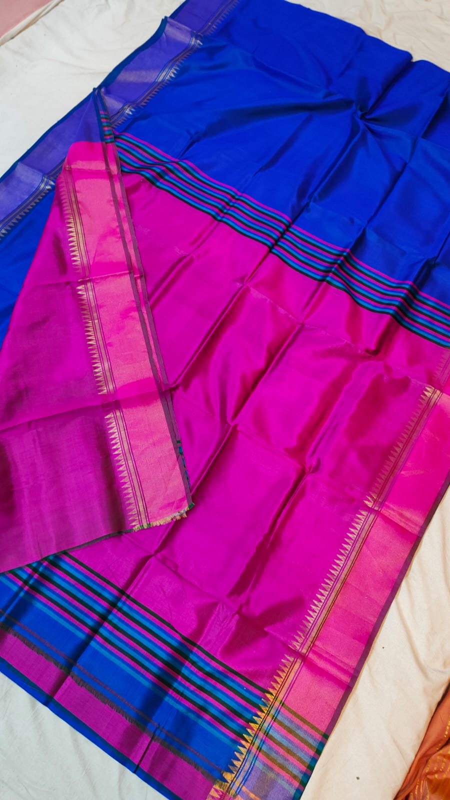 Blue pink Bishnupur Katan Silk handwork saree