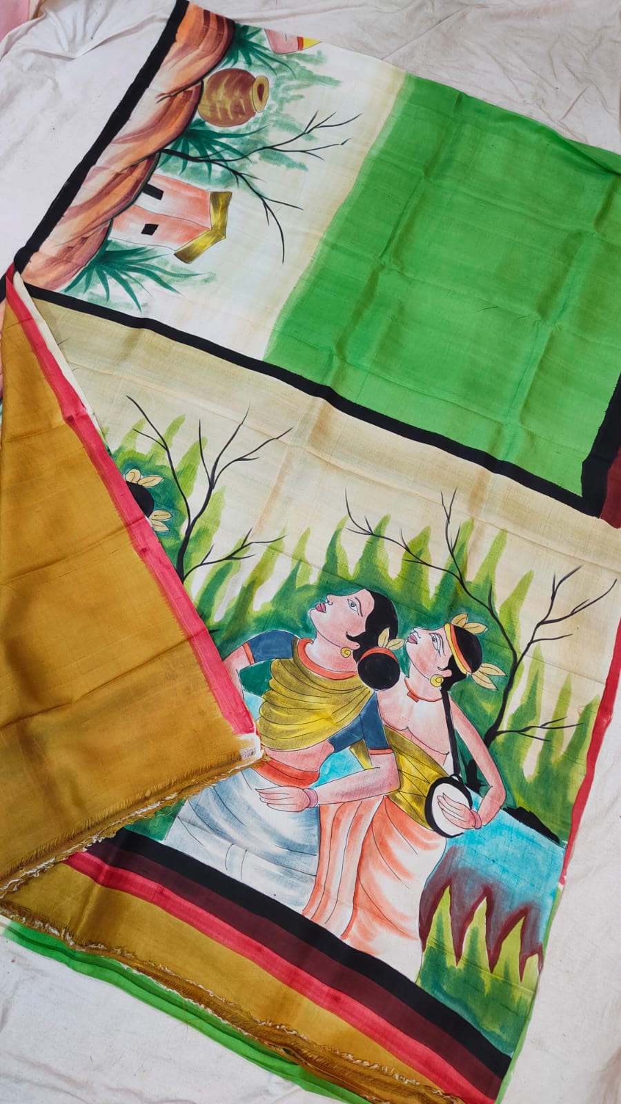 Bishnupuri silk saree green multicolor &Beautiful long printed border