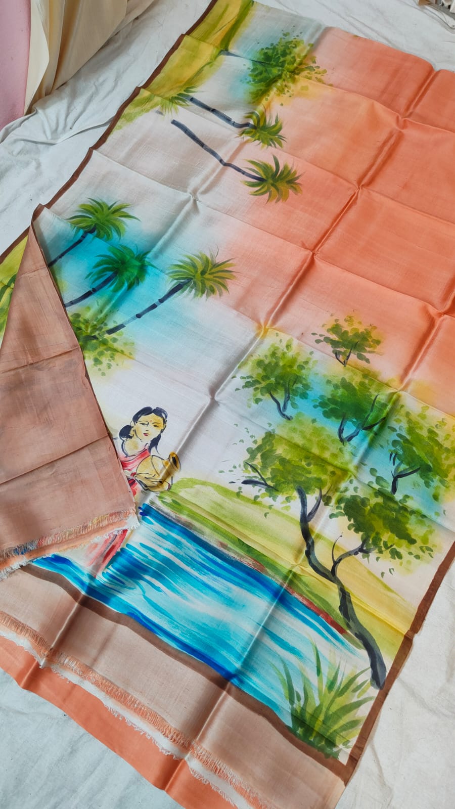 Bishnupuri silk saree peach,Blue green with long printed Border