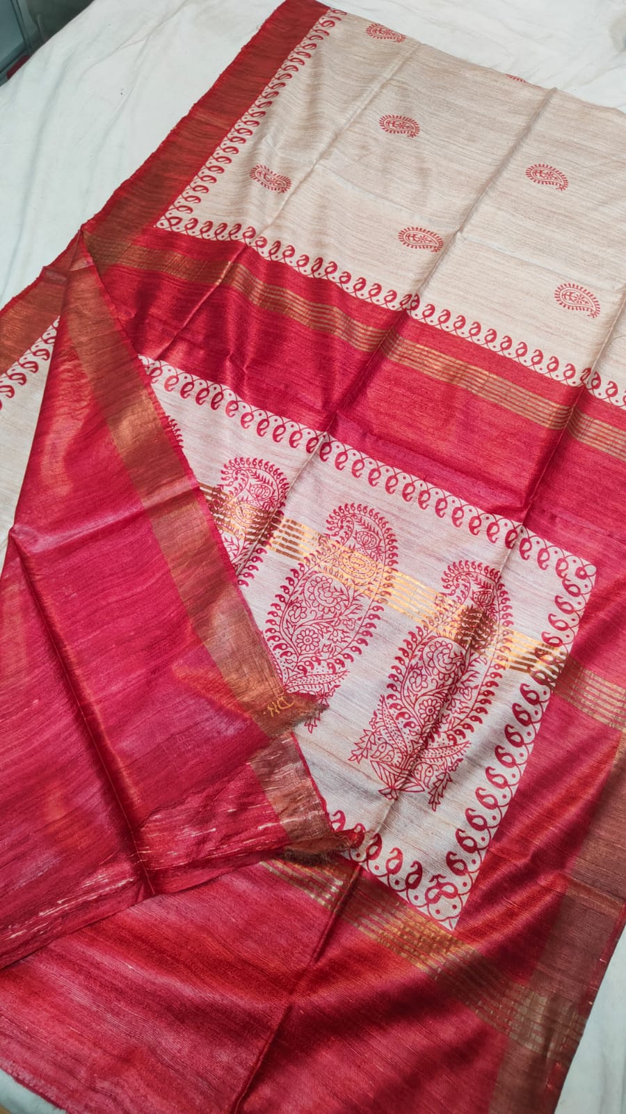 Elegant handprinted Ghicha tussar silk saree