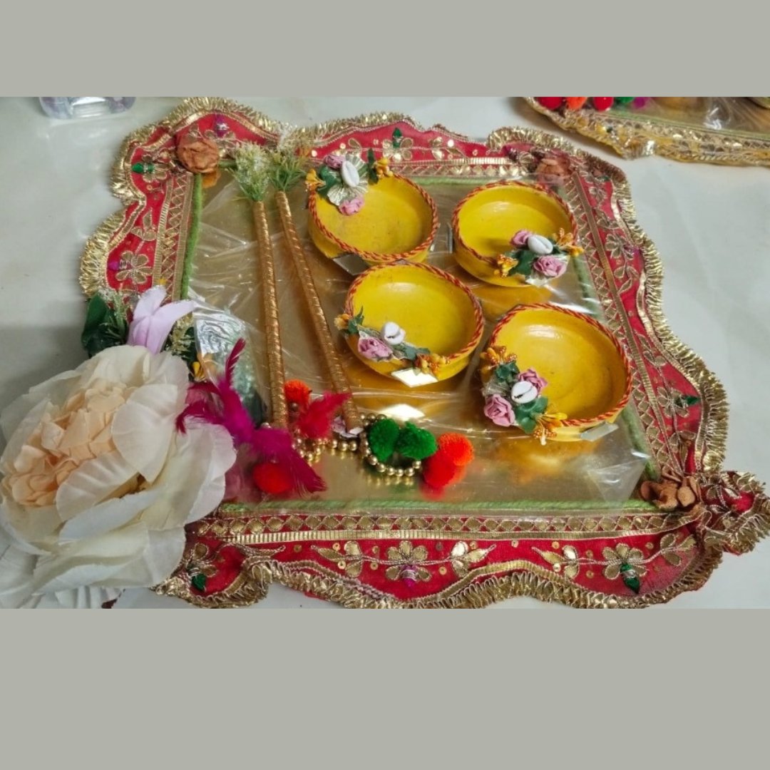 Beautiful gotta floral design sagun Haldi Platters with 4 bowl & sticks 🌹✨️