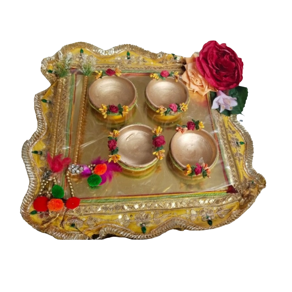 Elegant handcrafted sagun Haldi Platters with 4 bowl & sticks ✨️