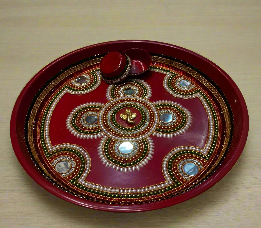 Beautiful pearl stone diamond ganpati Designer with 2 bowl puja thali* 💫 size 15"inch