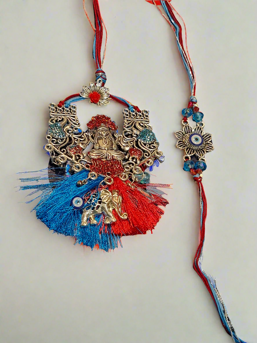 Laxmi ji oxidised silver good vibes designer beautiful bhaiya bhabhi Rakhi set