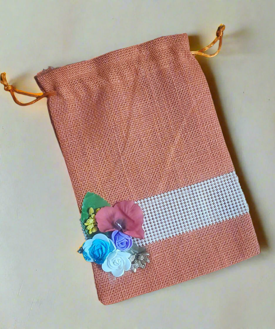 Floral design jute bag for gifting /Diwali/ wedding size L6.5* H 9*inch perfect for 500g Dryfruits