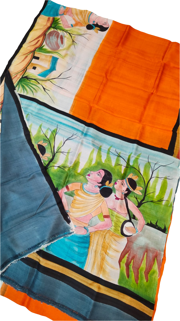 Orange multicolor printed Bishnupuri silk saree