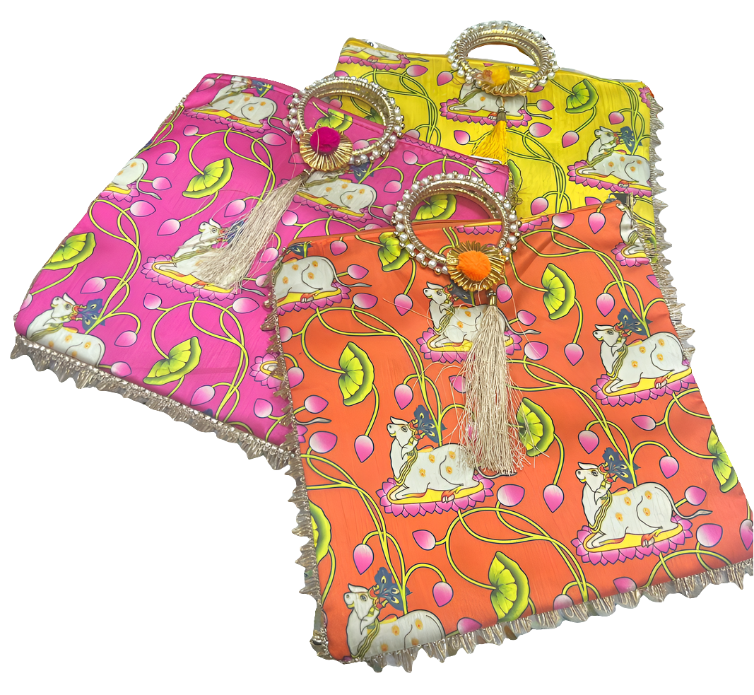 Kamdhenu cow printed Pooja/ Wedding return Gift bags (Pack of 1 ) random color