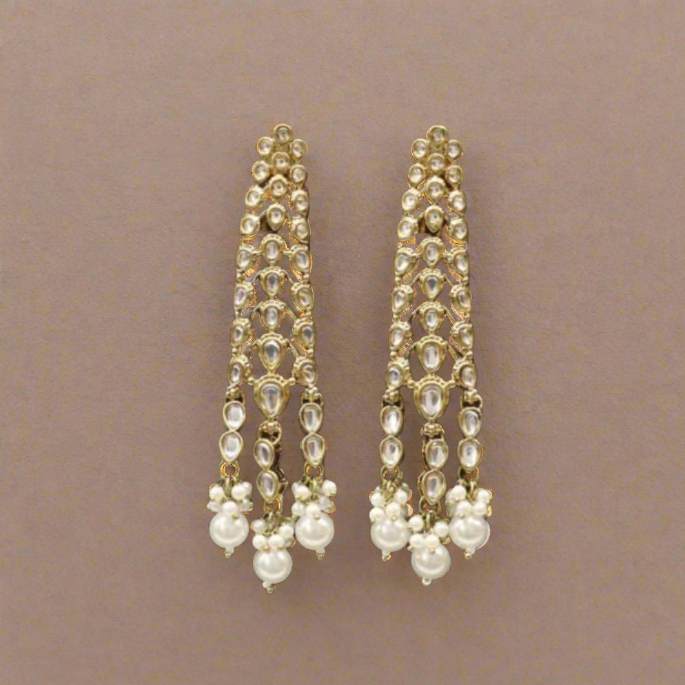Long Kundan Pearl Drop Earrings – Royal Layered Rajwadi Bridal & Festive Statement Jewelry