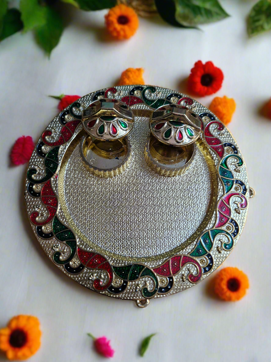 Gold Plated Peacock Design Acrylic Pooja Thali 6 Inch | Sagun Roli Chawal Tilak Plate for Diwali, Haldi Kumkum & Housewarming Gifts