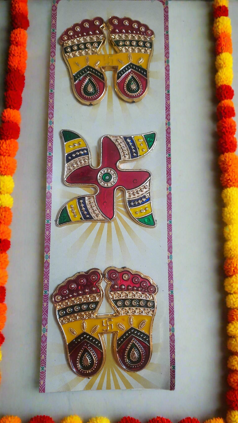 Designer Acrylic Stone Studded Swastik Laxmiji charan Sticker for Diwali/ Floor Decoration (Multicolour) puja aarti Home and Office 🌹