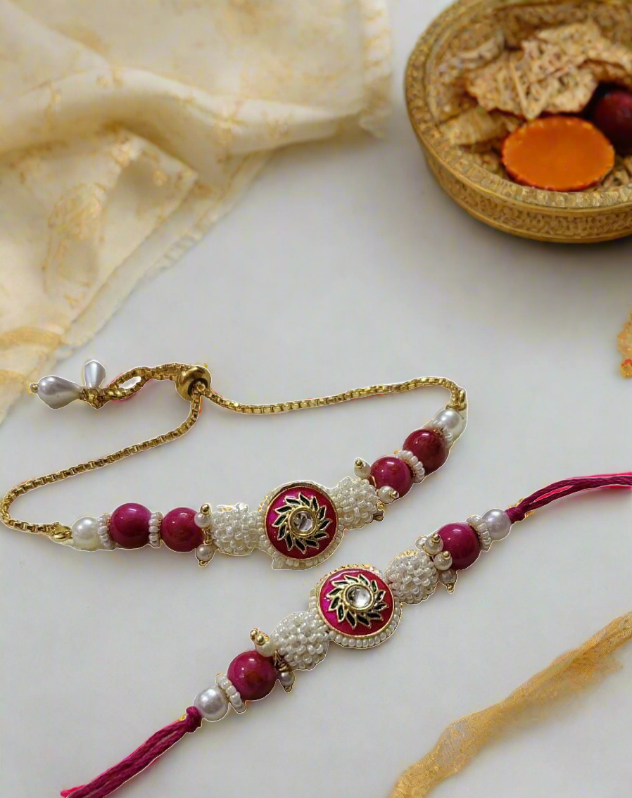 Meenakari Moti beautiful Rakhi for Bhaiya and Bhabhi color: red, blue green