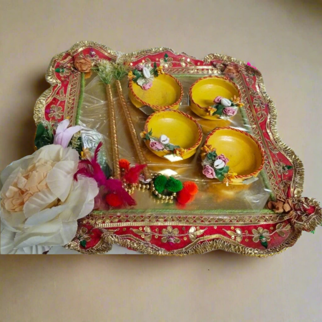 Beautiful gotta floral design sagun Haldi Platters with 4 bowl & sticks 🌹✨️