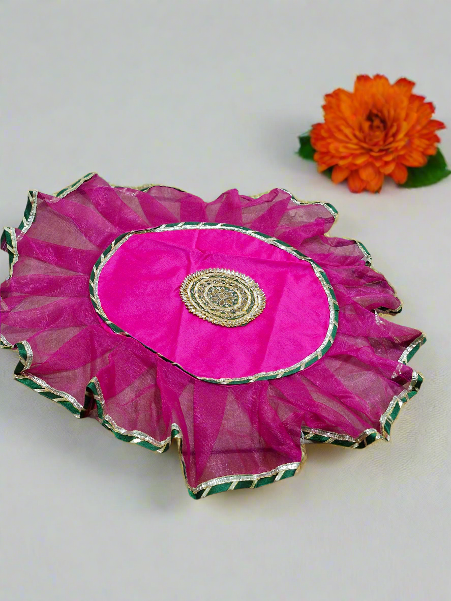 Beautiful handcrafted gota work Thalpose/ pooja Thali Cover pack of 1 colour: pink/ yellow