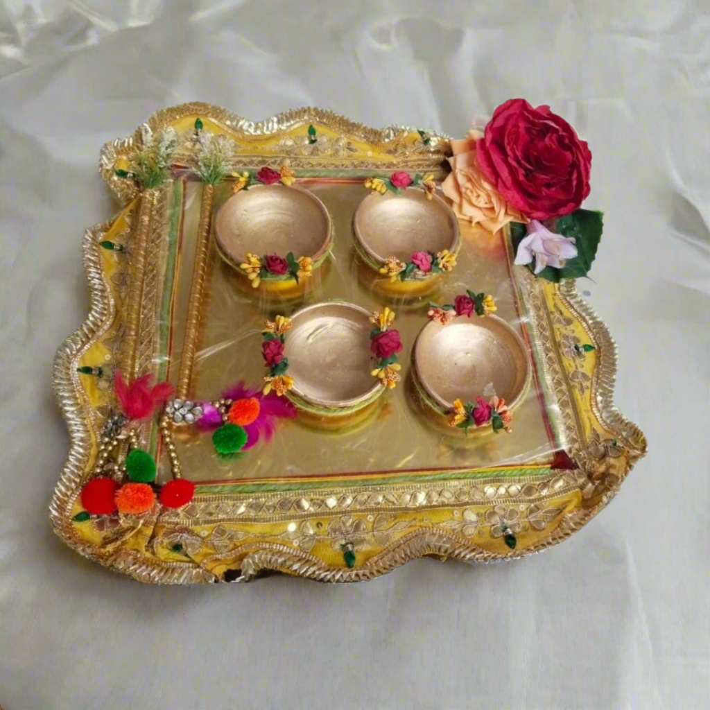 Elegant handcrafted sagun Haldi Platters with 4 bowl & sticks ✨️