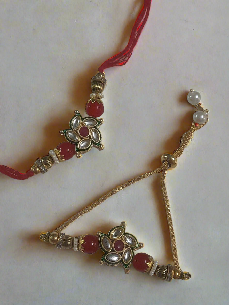 Kundan work Bhaiya and Bhabhi Rakhi colour:red / green