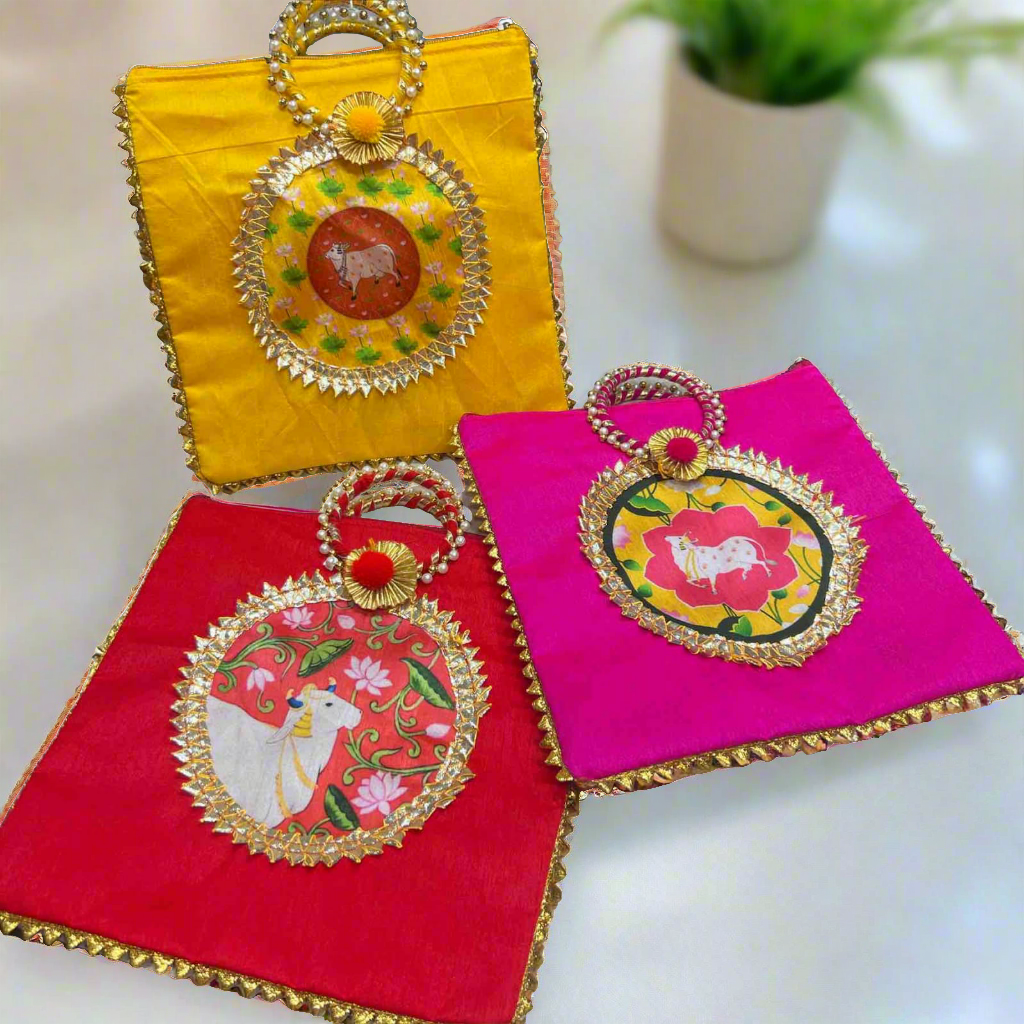 Gota work silk Gift Bags with Kamdhenu cow print pack of 1