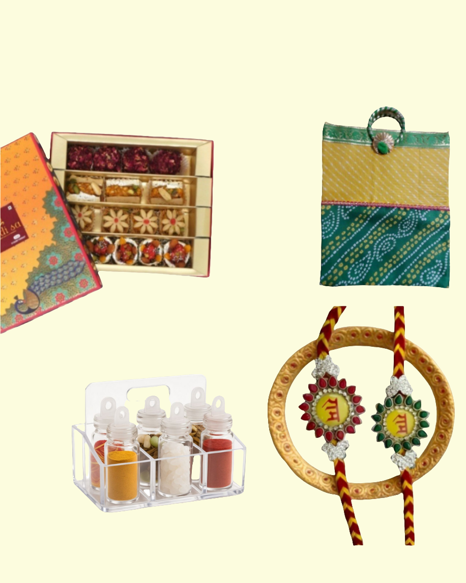 Rakshabandhan special hamper bag fill with 2 Ram Raksha kavach Rakhi sagun platter with Fancy dryfruits Mithai
