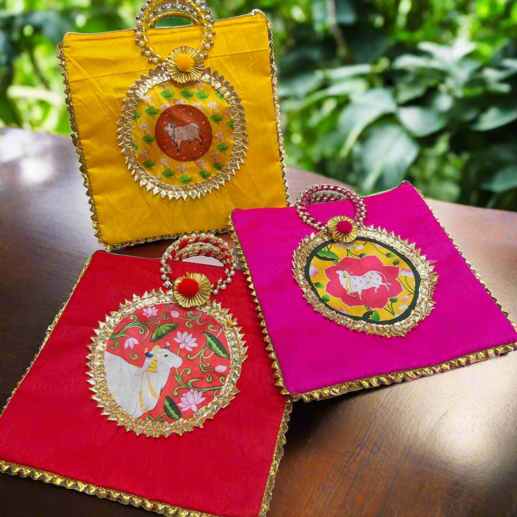 Gota work silk Gift Bags with Kamdhenu cow print pack of 1
