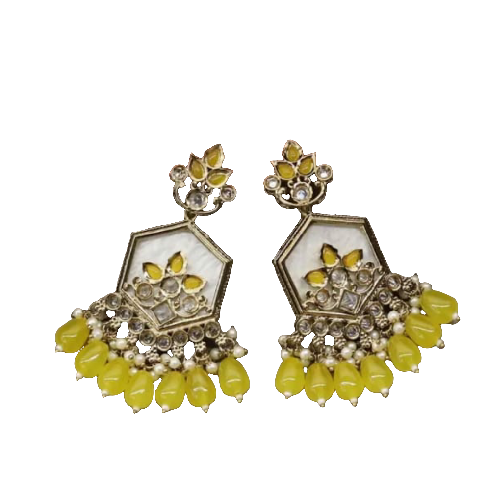 Yellow Stone Kundan Chandbali Earrings – Festive Pearl Drop Statement Jewelry