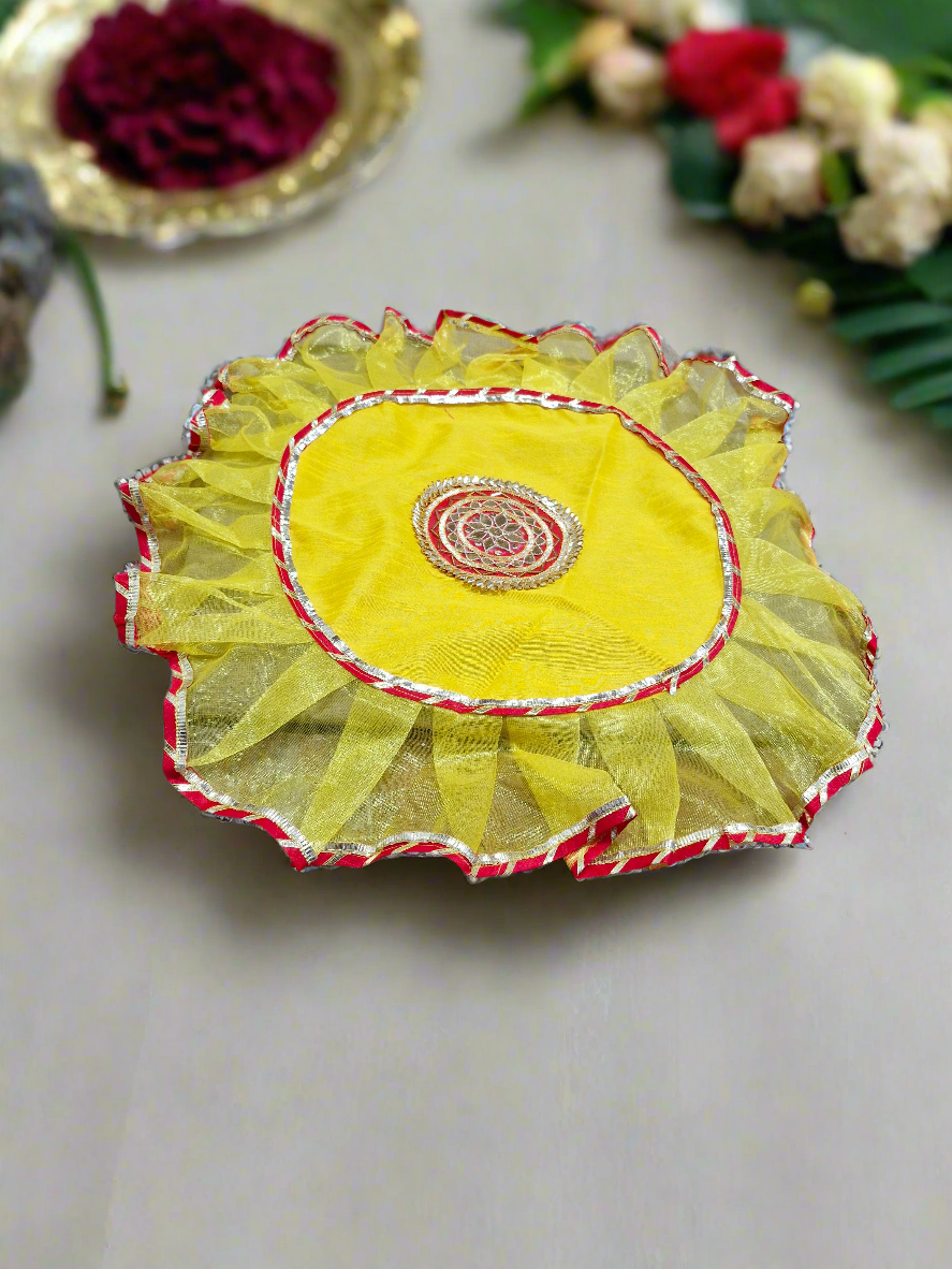 Beautiful handcrafted gota work Thalpose/ pooja Thali Cover pack of 1 colour: pink/ yellow