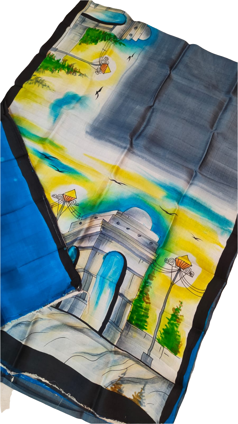 Grey multicolor printed Bishnupur silk saree