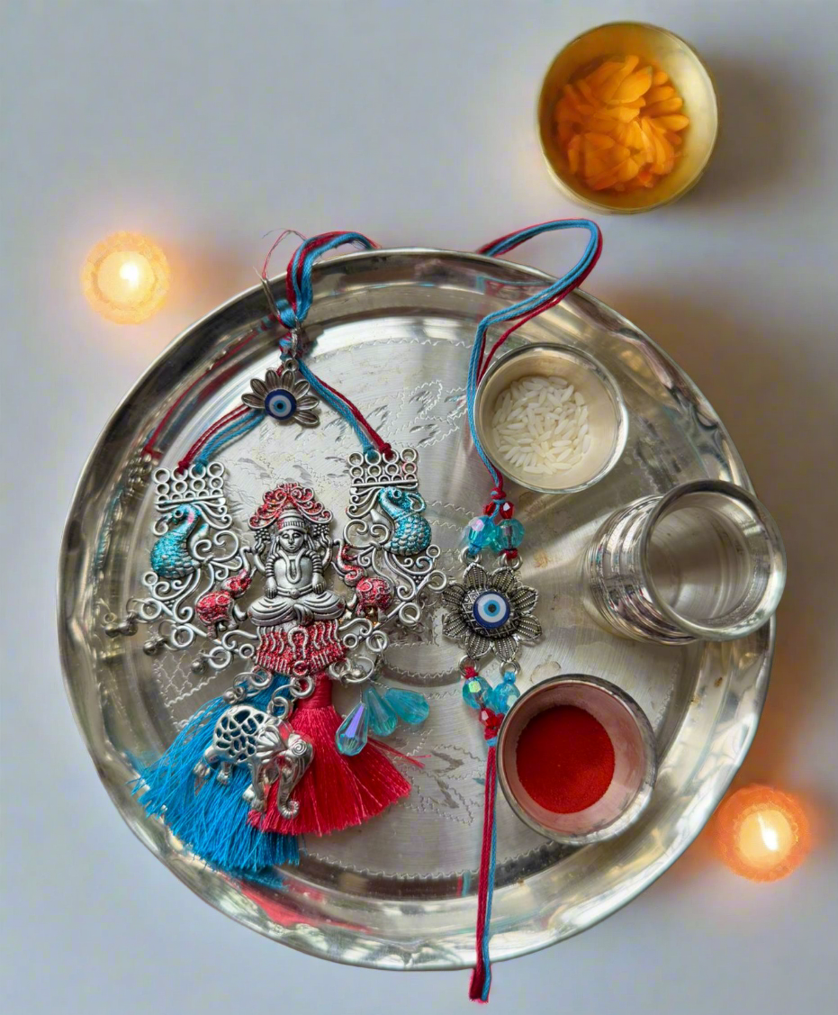Laxmi ji oxidised silver good vibes designer beautiful bhaiya bhabhi Rakhi set