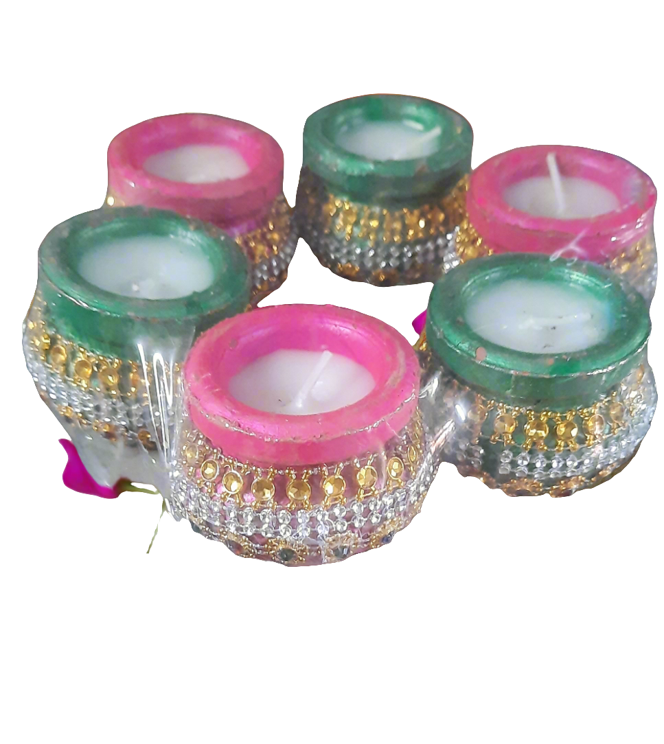 Stone gota lace work Matki designer terracotta wax diya 🪔 7*inch round/ h 2*inch pack of 6