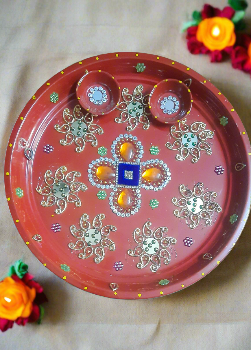 Decorative rangoli style puja thali with 2 bowl perfect for all occasions and festival✨ size 11.5* inch