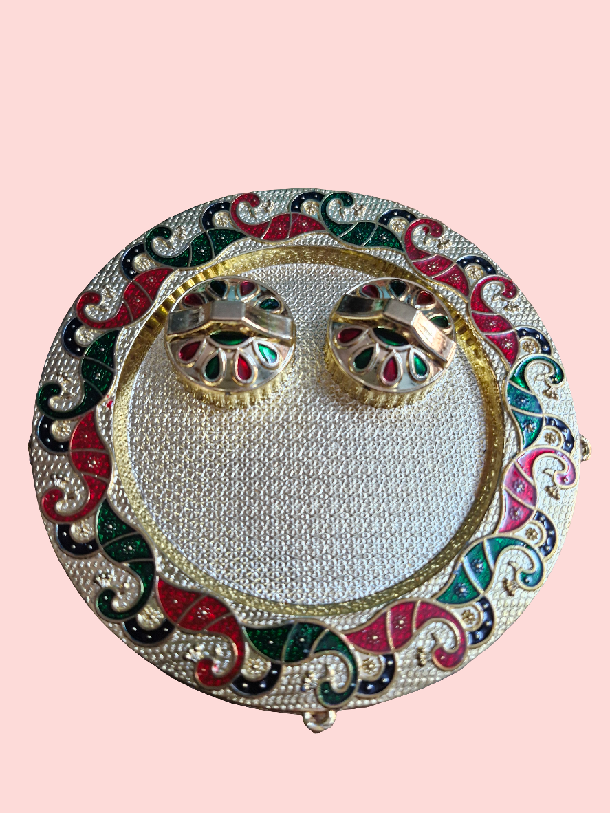 Gold plating Peacock 🦚 design acrylic puja plate Indian Festival Sagun Roli Chawal Tilak Thali Diwali Pujan Platter/ Haldi kumkum/Housewarming Gifts Items🌹pack of 1 size 6* inch