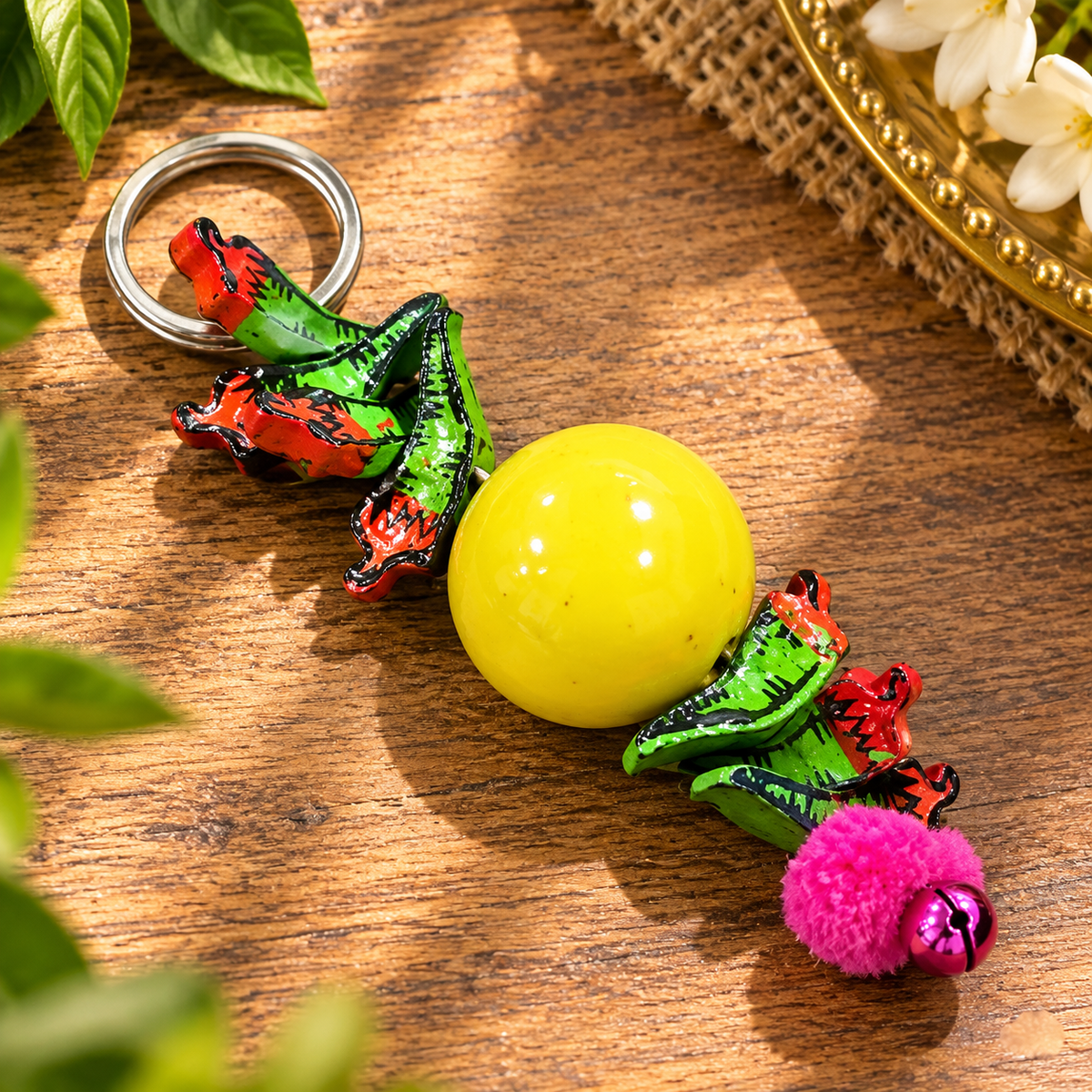 Ceramic Nimbu Mirchi hanging with wooden detailing for main door decor