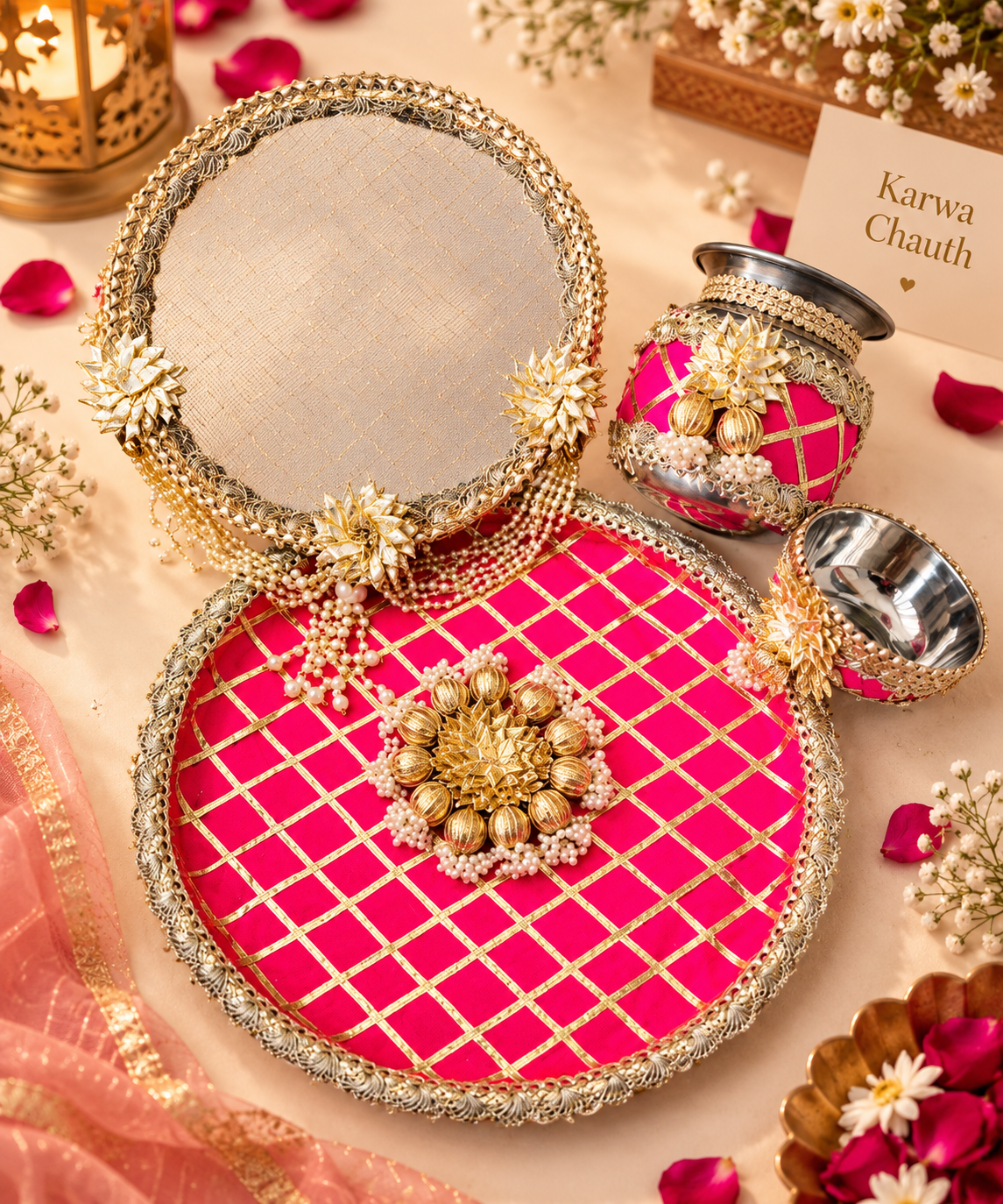 Designer handcrafted traditional Karwa Chauth pooja thali set with lota katori and channi