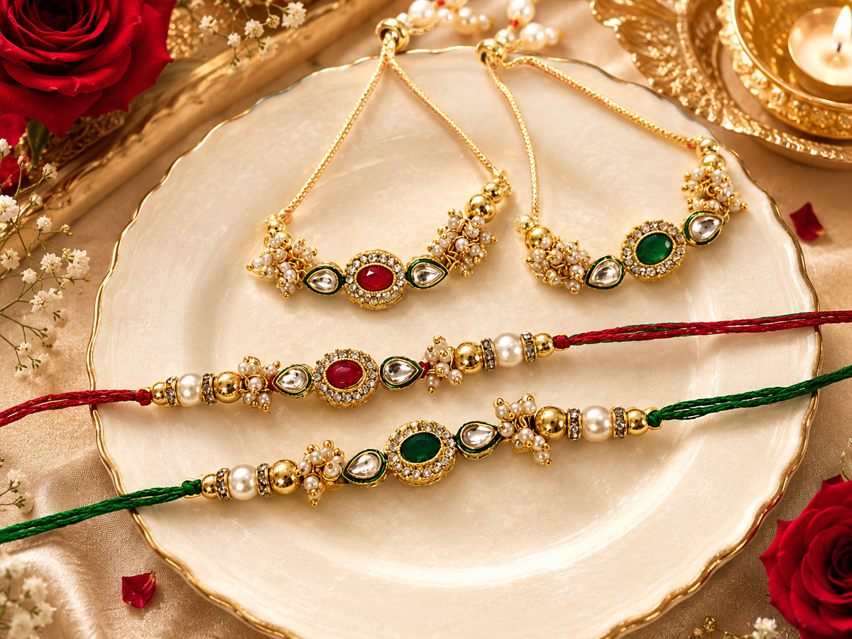 Handmade Royal Kundan Rakhi for Brother with Elegant Bracelet Rakhi for Bhabhi