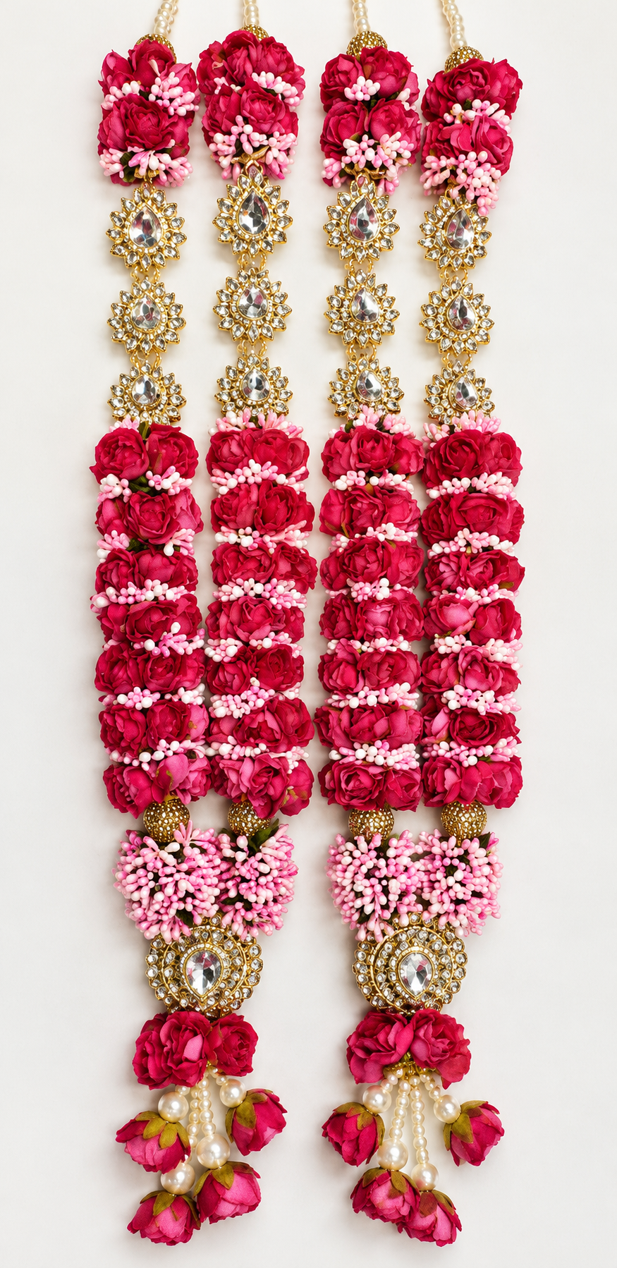 Elegant artificial floral varmala pair, 24 inches each, for bride and groom jaimala ceremony at a traditional Indian wedding