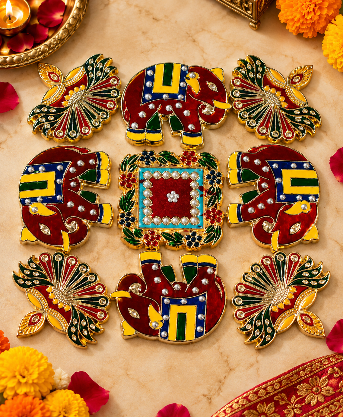 Elephant and Peacock designer rangoli for Diwali decoration