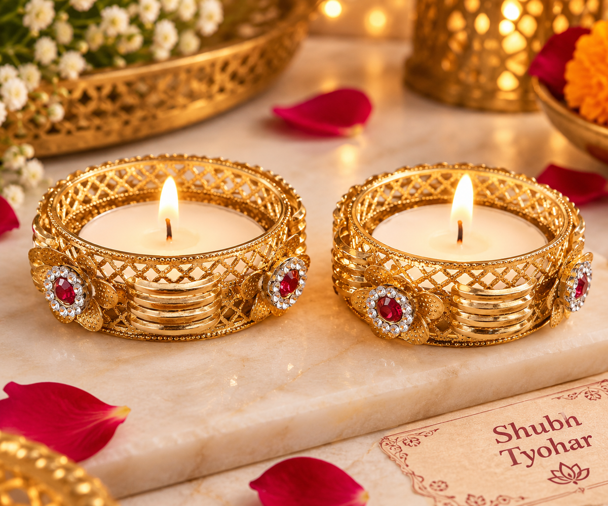 Gold designer tealight holder with red stone floral detailing pack of 2