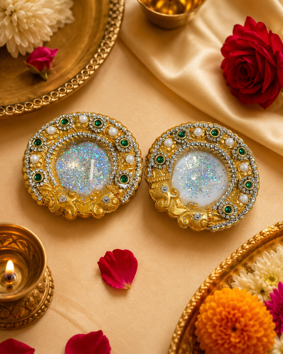 Golden Zardozi wax diya with Moti and diamond stone work pack of 2