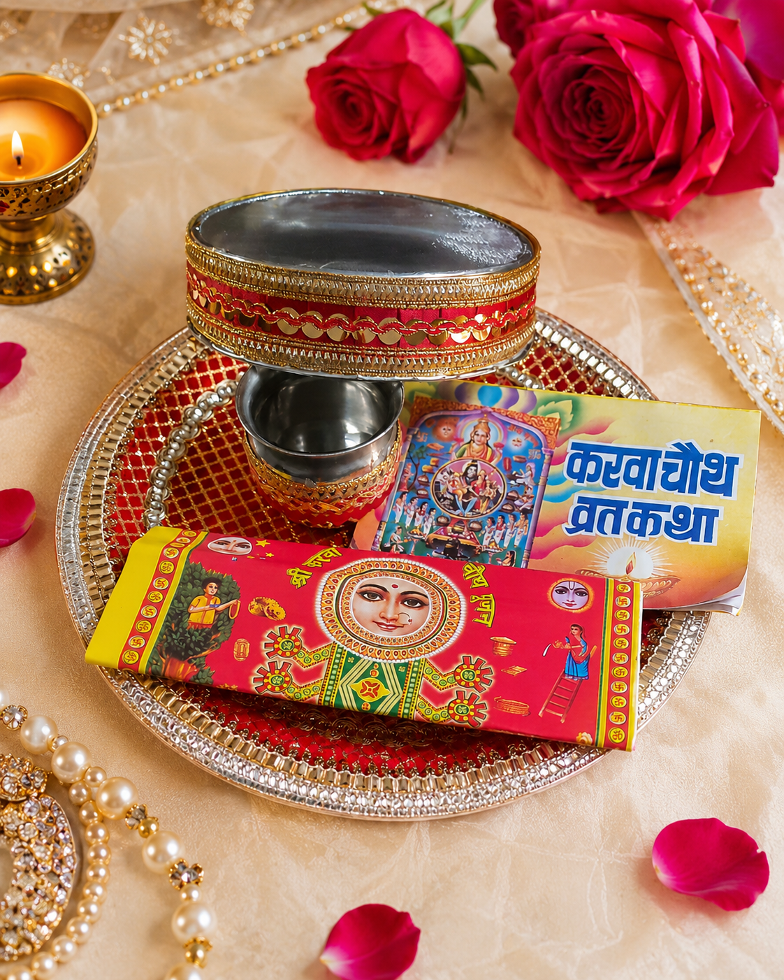 Gota Sequence Work Karwa Chauth Pooja Thali with Katha Book on 12.5-inch steel thali