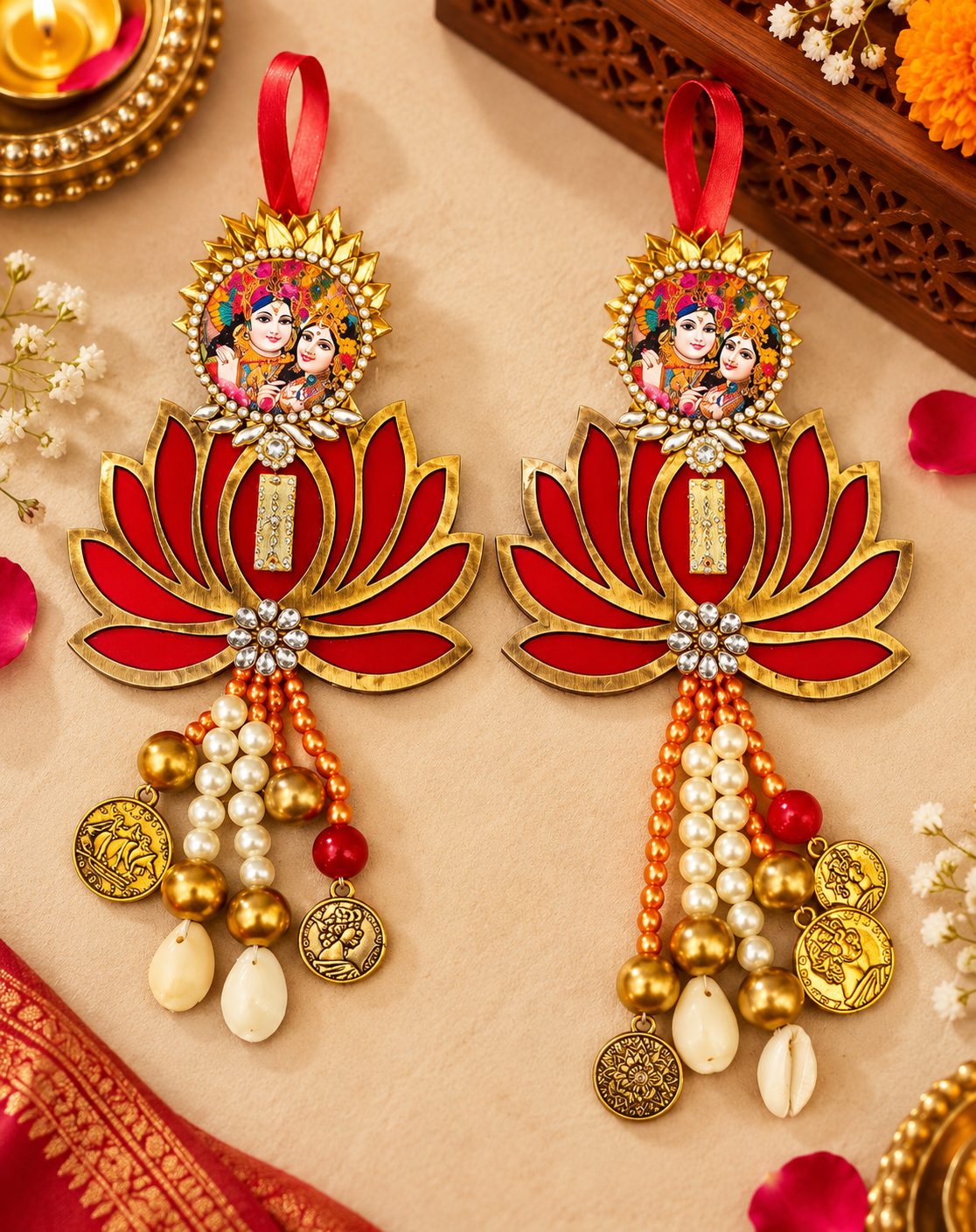 Handcrafted Radha Krishna lotus hanging 9.5 inch for festive home décor