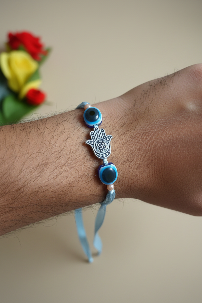 Handcrafted Evil Eye Designer Rakhi featuring blue evil eye beads, Hamsa hand charm and pearl accents for Raksha Bandhan